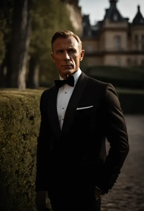 corps entier, Wide-angle close-up portrait of james bond , Grand et en forme, (40 ans:1.1), (shaven:1.2) , (cheveux bruns courts:1.2),(Cheveux courts:1.3). Dark brown tight velvet suit, (La veste a des motifs de fleurs noires:1.2). (posing outside the mans...