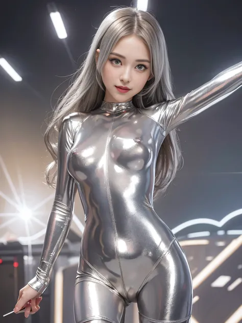 1 girl, Angelique A very beautiful and cute girl, detailed and beautiful eyes, fine double eyelids, (Big eyes:1.3), long brown straight hair, see through bang, shiny hair,(Ultra-shiny metallic silver full bodysuit:1.4),(Bodysuit only available in one color...