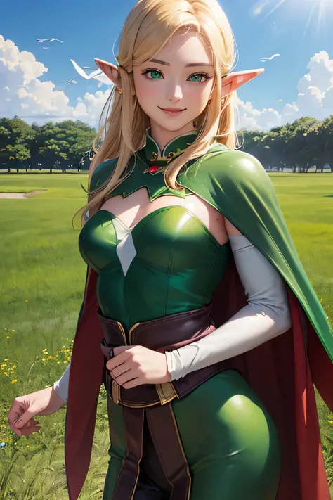 ((Highest quality)),(Ultra high resolution),(super detailed),(detailed description),((best CG)),(best artwork),super precision art,amazing drawing art,(Art Precisely detailed costume:1.5), (elf:1.6),Finely detailed leather armor:1.7,((wears a green cape:1....