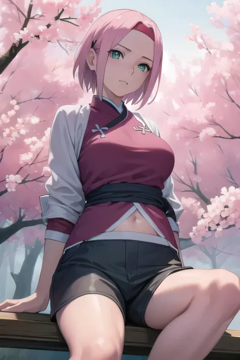 (masterpiece),Best quality,good anatomy, (1 girl:1), Big breasts, head chest, naked body,Sakura Haruno ,red headband, symbol of konohakagure, realistic face, (upper body), anime,(view from below), (mouth closed),short hair, (Hanfu),(ecchi0.5), (trees:0.5),...