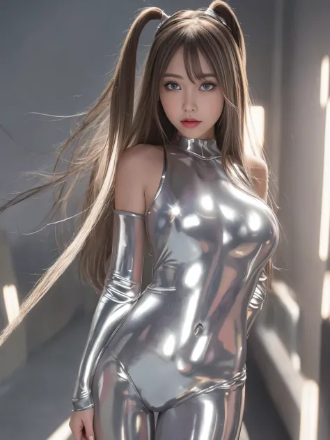 1 girl, Angelique A very beautiful and cute girl, detailed and beautiful eyes, fine double eyelids, (Big eyes:1.3), long brown straight hair, see through bang, shiny hair,(Ultra-shiny metallic silver full bodysuit:1.4),(Bodysuit only available in one color...