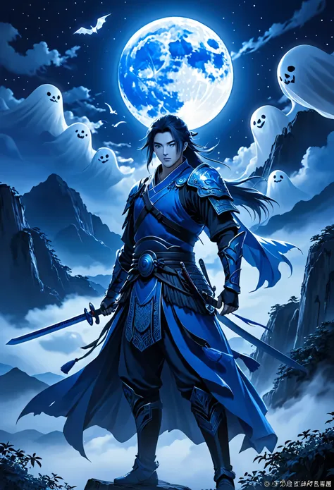 blue warrior, ghost, 与狼一起在闹ghost的村庄里散步, night sky, full moon, actual, Full HD, best quality