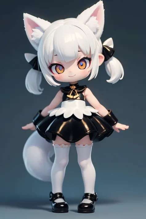 A girl with striking white hair、Fox ears and tail、hair ornaments、black pantyhose、sleeveless、smile、Cute shoes with accessories、hold one&#39;s knees