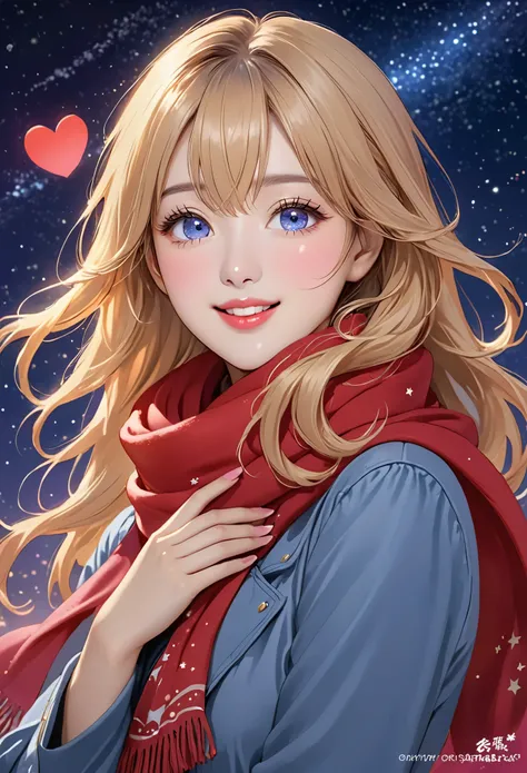 1 girl, ahog, Bangs, blonde hair, blow a kiss, blue eyes, blue scarf, brown scarf, split, Keep your mouth shut, eyelash, Face, flowing hair, hair between eyes, Heart, lips, lipstick, long hair, looking at the audience, cosmetic, night Sky, nose, one eye cl...