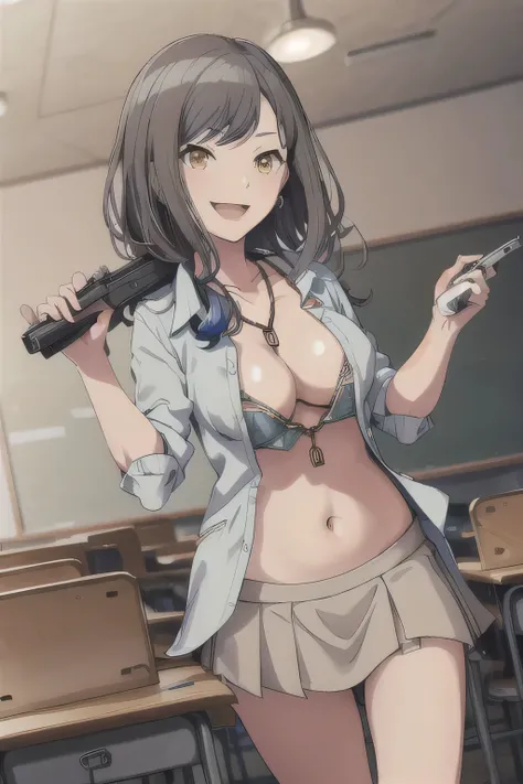 Shiraishi An, large breast, masterpiece, best quality, ((unbuttoned , cleavage, necklace, earrings, sexy body,
breasts)) , micro skirt, smiling, navel , exposed belly, exposed navel,(nsfw) not safe for work,school,
classroom , holding a gun, hold a gun