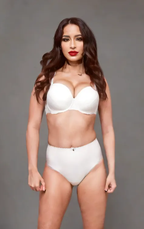 ((masterpiece, best quality)), ((29 year old)), (((Curvy))), (((Caucasian woman with long brunette hair)), in white bra, ((white high cut  panties)), Standing in front of a grey screen, red lipstick, smirking, (((photo realistic)))