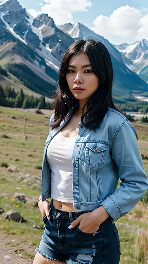 beautiful young asian woman with black hair standing mountains background wearing sexy t-shirt sexy jean shorts wearing open jacket