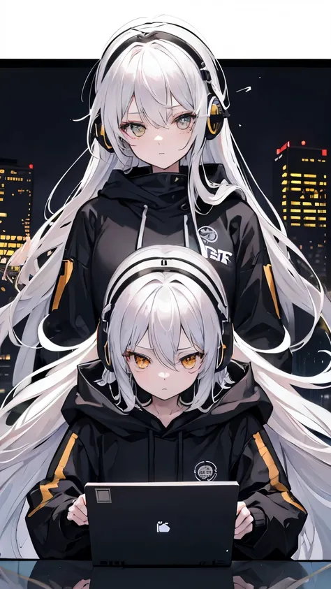 golden eyes、Woman using computer with big screen、silver hair、medium long hair、wearing cool headphones,{{{{{{{{ black hoodie oversized }}}}}}}},beautiful and delicate golden eyes,thought,black clothes,