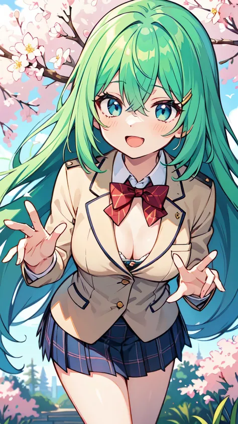 ((A Pretty High School girl with green hair and blue eyes)), ((wearing blazer uniform and plaid skirt)), Baby face, ((master piece, top-quality, ultra-definition, high resolution)), anime girl, ((ultra-detailed illust:1.2)), only one person, bangs, hair be...