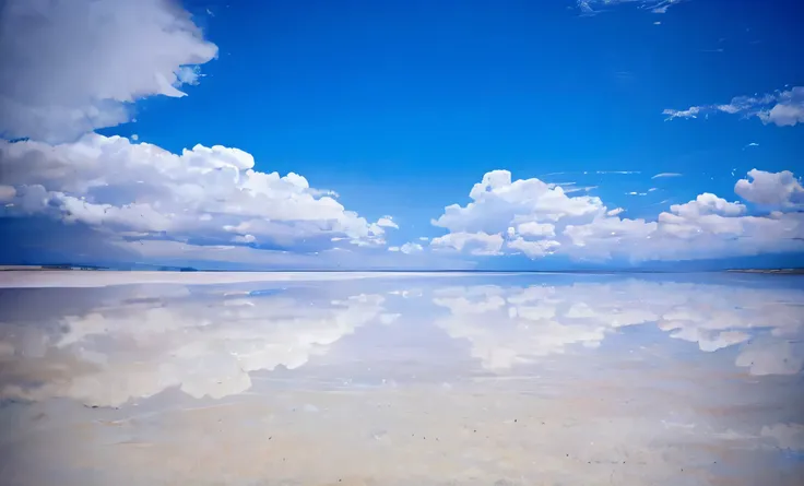 There is a large area of water and clouds in the sky, 建在 Salar de Uyuni, In the Salar de Uyuni, Salar de Uyuni, clear reflection, Extremely clear and coherent, Wonderful reflection of the sky, Giant planets,Clear as a mirror, Glass reflection, incredibly b...