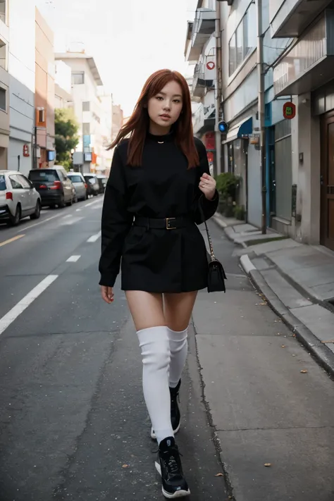 Sexy redhead nude japanese girl in a Girls world only walking exploration wearing only high black over-the-knee socks and a dog collar