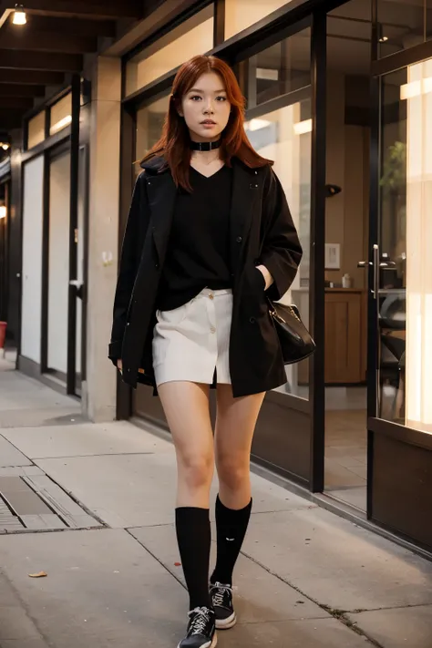 Sexy redhead nude japanese girl in a Girls world only walking exploration wearing only high black over-the-knee socks and a dog collar