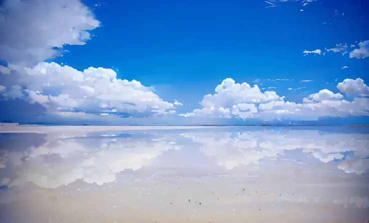 There is a large area of water and clouds in the sky, 建在 Salar de Uyuni, In the Salar de Uyuni, Salar de Uyuni, clear reflection, Extremely clear and coherent, Wonderful reflection of the sky, Giant planets,Clear as a mirror, Glass reflection, incredibly b...