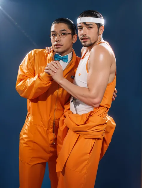 they are two men in orange uniforms posing for a picture, wearing orange prison jumpsuit, dressed in orange inmate attire,, wearing prison jumpsuit, prison jumpsuit, wearing an orange jumpsuit, one of them is white another one is black, l, multiple light s...