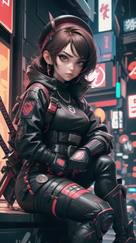 a woman sitting on a box with two swords in her hand, very beautiful cyberpunk samurai, wearing japanese techwear, wearing techwear and armor, anime cosplay, photograph of a techwear woman, cyberpunk samurai, cyberpunk streetwear, samurai style, techwear f...