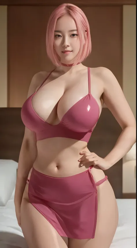  masterpiece:1.3), (High resolution:1.1), Detailed beautiful face, Detailed beautiful, (huge breasts, gigantic breasts:1.4 there is a woman in a pink bikini posing on a bed, oppai proportions, realistic bikini, seductive  girl, smooth pink skin, thicc, rea...