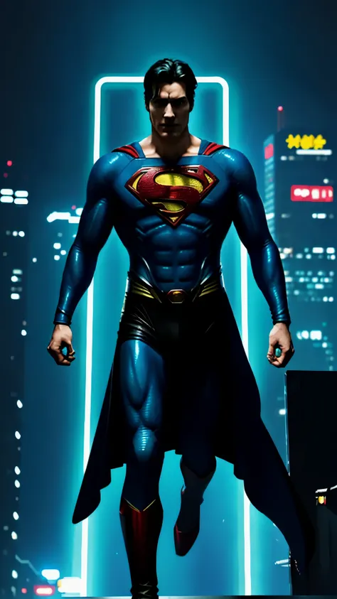 Superman from DC, neon ring on background, cyberpunk art style, cyberpunk style, cyberpunk style, cyberpunk character, hyper-realistic cyberpunk style, cyberpunk color, powerful lighting, motion synchronization, dynamism, charged energy, hot action