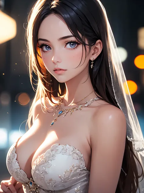 best quality, masterpiece, High resolution, a girl, Wedding dress, necklace, jewelry, pretty face, big breasts, more than_Body, Tyndall effect, lifelike, dark studio, edge lighting, two-tone lighting, (HD skin: 1.2), 8K Ultra HD, SLR camera, soft light, hi...