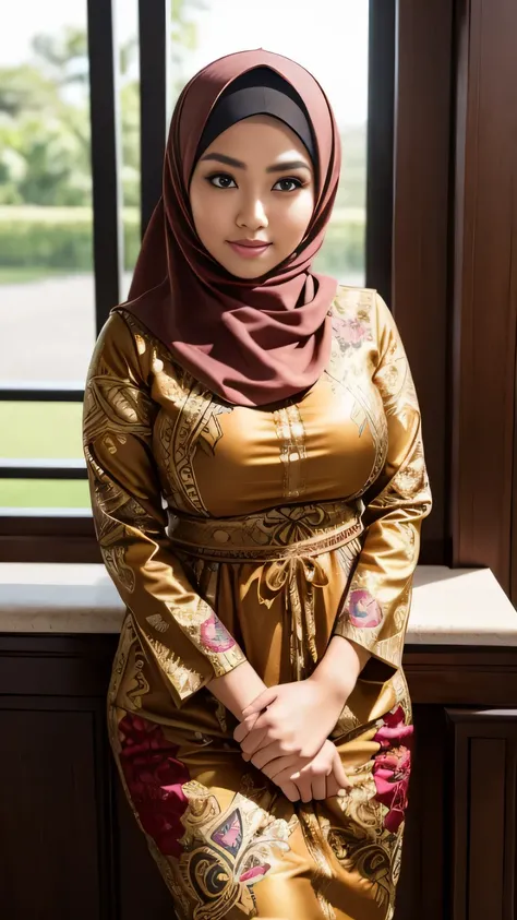 RAW, Best quality, high resolution, masterpiece: 1.3), beautiful Malay woman in hijab, Masterpiece, perfect fit body, Big breast, big beautiful eyes, Soft smile, detail face, beautiful face, thick thighs, woman in a brown dress standing next to a white fen...