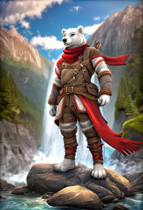 Furry, solo, white bear, Blue Eyes, Muscular, Wear an adventurer’s outfit, red cloth, red scarf, Behind is a mountain, waterfall, Standing on the rocks by the waterfall, High resolution imageHDR, 4K