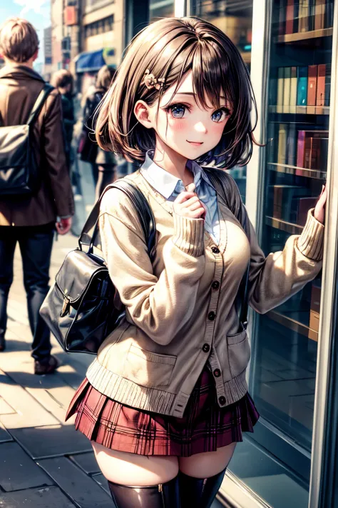 very cute and beautiful girl,teen,(highly detailed beautiful face),(white blouse),(smile),
(beige cardigan:1.2) BREAK (brown shoulder bag),(brown plaid mini skirt:1.2),zettai ryouiki,
stylish  pose,hair ornament,black hair,black boots,city square,station,b...