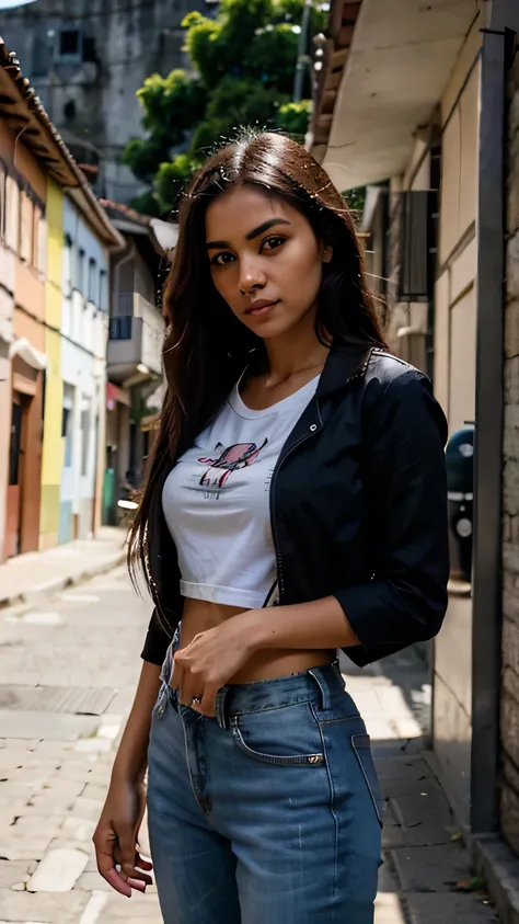 Linda Mulher Negra, Uma foto ultra detalhada de uma  morena de 22 anos, com cabelos molhados, com franja lateral e solto, olhos castanhos, beleza natural, calm expression, tom de pele quente, corpo forte, vestindo uma camiseta branca justa -camisa, com jaq...