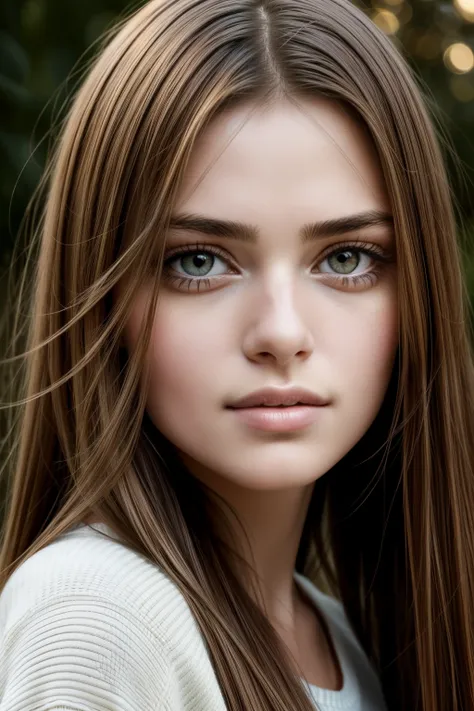 Close-up portrait of a young girl with brown, long and straight hairs framing her pretty 25-year-old face. The natural light illuminates her facial features, casting subtle shadows and highlighting the textures of her hair. The image is captured in ultra-h...