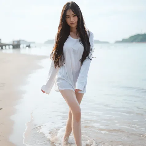 long hair, chubby, cute face, wearing long sleeve white shirt, full body, thin shirt, long legs, very wet shirt, legs playing water, walking at the beach, asian face  