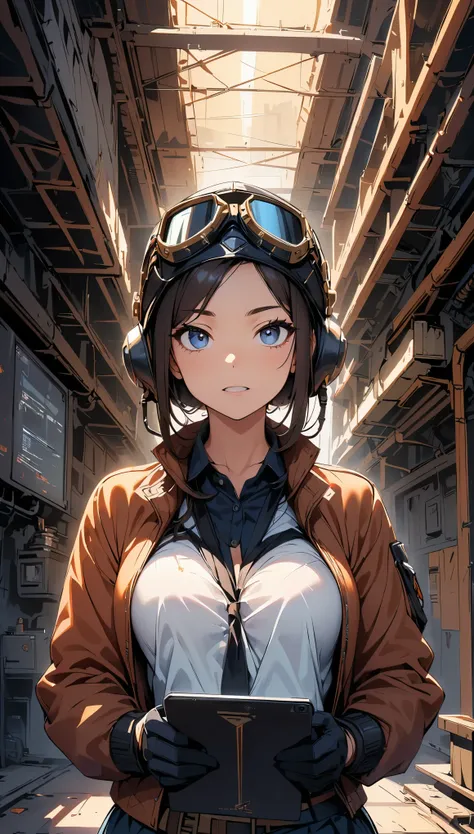 (highest quality, 4k, 8K, High resolution, masterpiece:1.2), Super detailed, one person, woman, steampunk design, Aviator Cap, goggles, flight jacket, in front of the hangar, cowboy shot, Machine under maintenance, Pose looking up while working, vapor, cig...