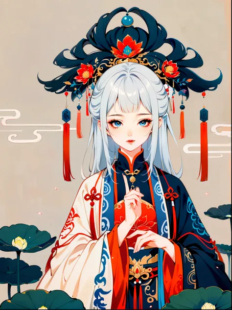 in a two-dimensional style, illustrate a close-up scene of a white-haired female taoist meditating on a floating giant lotus roc...