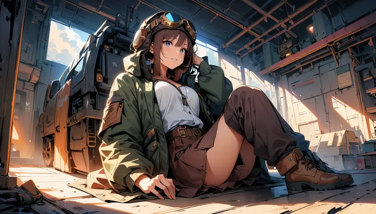 (highest quality, 4k, 8K, High resolution, masterpiece:1.2), Super detailed, one person, woman, steampunk design, Aviator Cap, goggles, flight jacket, In the Hangar, sit down, Machine under maintenance, Pose looking up while working, vapor, cigarette, powe...