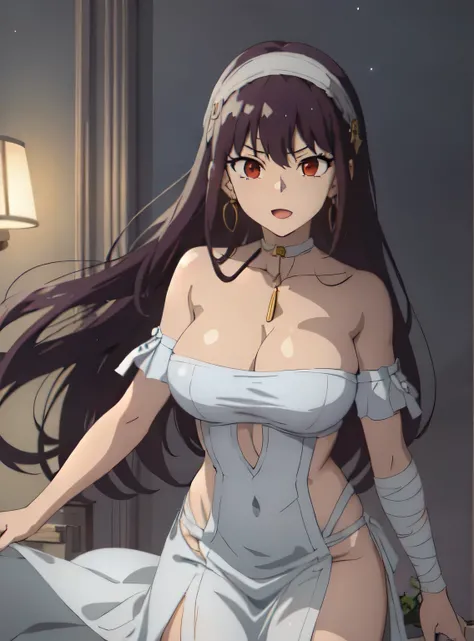 1girl, yor forger, yor forger from spy x family, yor briar, black hair, (red eyes:1.5), earrings, white hairband, hairband, long hair, sidelocks, bare shoulders, collarbone, anime girl with a bandaged chest and, seductive anime girl, anime moe artstyle, ba...