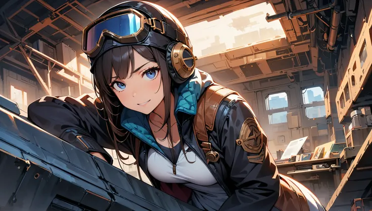 (highest quality, 4k, 8K, High resolution, masterpiece:1.2), Super detailed, one person, woman, steampunk design, Aviator Cap, goggles, flight jacket, In the Hangar, sit down, Machine under maintenance, Pose looking up while working, vapor, cigarette, powe...