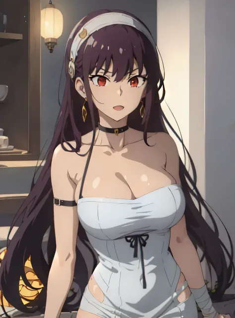 1girl, yor forger, yor forger from spy x family, yor briar, black hair, (red eyes:1.5), earrings, white hairband, hairband, long hair, sidelocks, bare shoulders, collarbone, anime girl with a bandaged chest and, seductive anime girl, anime moe artstyle, ba...