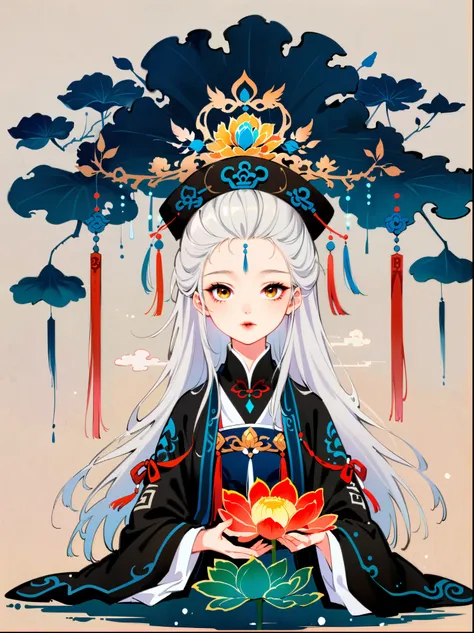 in a two-dimensional style, illustrate a close-up scene of a white-haired female taoist meditating on a floating giant lotus roc...