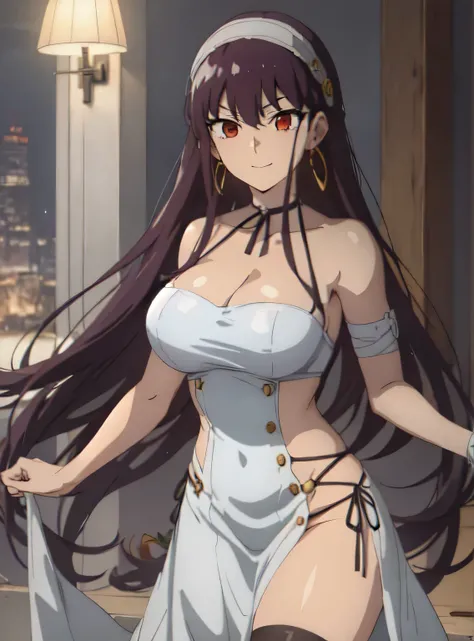 1girl, yor forger, yor forger from spy x family, yor briar, black hair, (red eyes:1.5), earrings, white hairband, hairband, long hair, sidelocks, bare shoulders, collarbone, anime girl with a bandaged chest and, seductive anime girl, anime moe artstyle, ba...