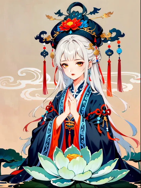 in a two-dimensional style, illustrate a close-up scene of a white-haired female taoist meditating on a floating giant lotus roc...