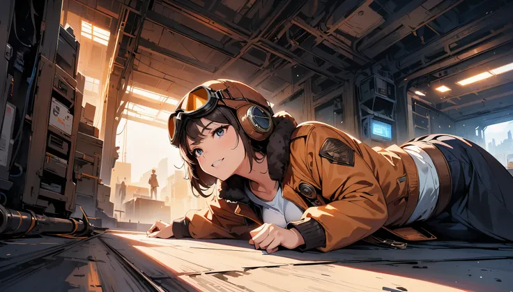 (highest quality, 4k, 8K, High resolution, masterpiece:1.2), Super detailed, one person, woman, steampunk design, Aviator Cap, goggles, flight jacket, In the Hangar, Machine under maintenance, Lie down and crawl under the machine, Pose looking up while wor...