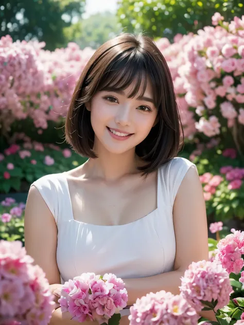 (highest quality,masterpiece:1.3,ultra high resolution),(Super detailed,caustics),(realistic:1.4,RAW shooting),1 girl,flat bangs、smile、Blurred background, (Vibrant color saturation), pink flowers、being surrounded、cute、flower garden