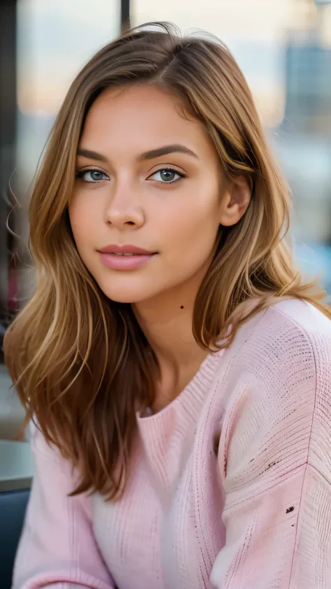 beautiful blonde wearing pink sweater (sipping coffee inside a modern café at sunset), very detailed, 21 years old, innocent face, natural wavy hair, blue eyes, high resolution, masterpiece, best quality, intricate details, highly detailed, sharp focus, de...