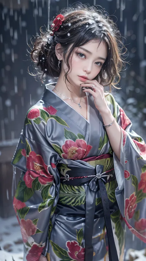 (RAW shooting, Photoreal:1.5, 8K, highest quality, masterpiece, ultra high resolution), ((((heavy snow, Blizzard)))), Highly detailed skin and facial textures:1.3, perfect dynamic composition:1.2, (In front of a shrine at night in a modern city, expression...