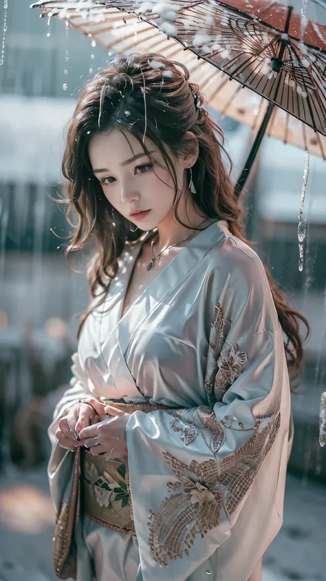 (RAW shooting, Photoreal:1.5, 8K, highest quality, masterpiece, ultra high resolution), ((((heavy snow, Blizzard)))), Highly detailed skin and facial textures:1.3, perfect dynamic composition:1.2, (In front of a shrine at night in a modern city, expression...