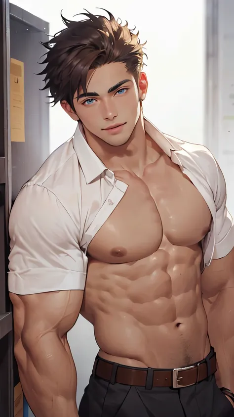 ((the best quality)), ((Masterpiece)), (details), perfect face, high definition, Masterpiece,4k,details clearly, Handsome face, white skin, perfect body, male body, strong muscles, abdomen, blue eyes, white skin, The most handsome man in the world, handsom...