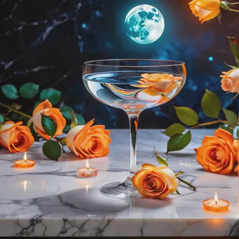 photography style,glass,white marble table, bioluminescent,colorfull, glow, fluid, glowing, Appetizing, professional, culinary, high-resolution, commercial, highly detailed,neon hue, full of color, 1 white rose between glasses, orange background, small moo...