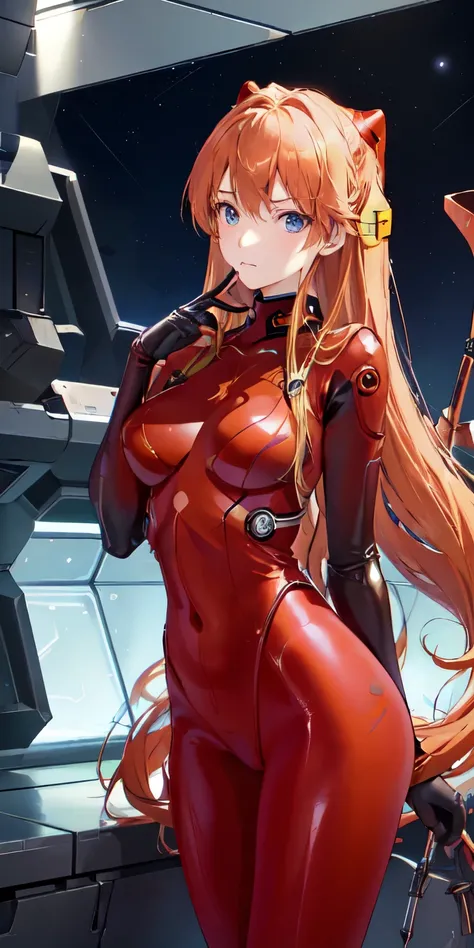 (俯瞰figure),dynamic angle,Super detailed, figure, close, straight, 1 girl, 
 ((Soryu Asuka Langley, interface headset, red bodysuit:1.4, blonde)),Her eyes shone like dream-like stars,(shining eyes:1.233),(beautiful and detailed eyes:1.1),(No expression,clos...