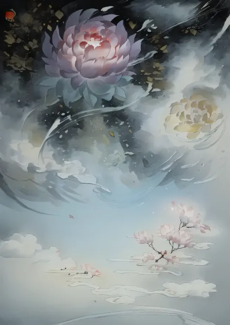 New Chinese style illustration，Beautiful peony flowers，Auspicious clouds as decoration，Exquisite details，illustration poster，torrent，meticulous painting