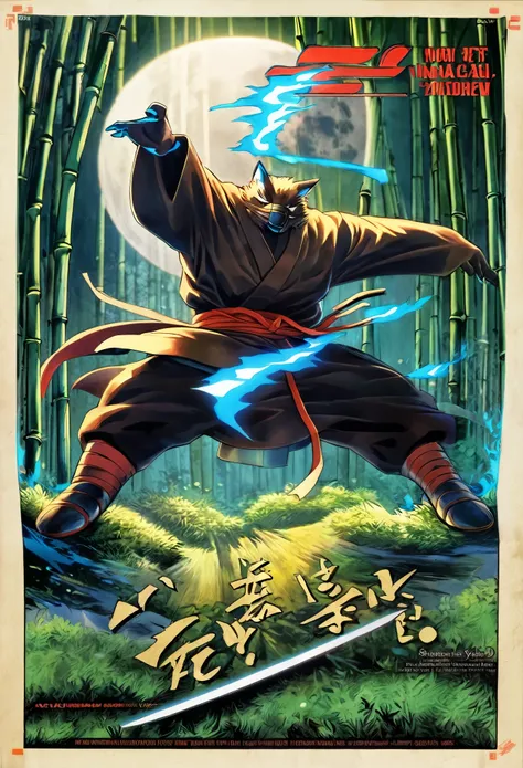 Top quality ultra-fine illustrations, movie poster, Zatoichi, Blind Swordsman (bamboo forest, dark night with beautiful full moon, rays of light through bamboo, backlighting, Tyndall phenomenon) (beautiful face and eyes with great detail) absurdres perfect...