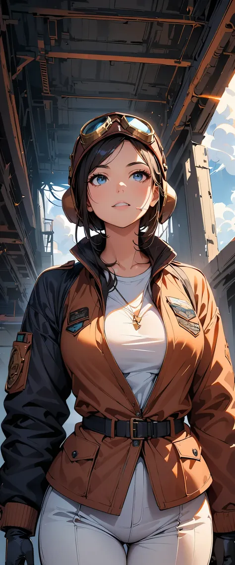 (highest quality, 4k, 8K, High resolution, masterpiece:1.2), Super detailed, one person, woman, steampunk design, Aviator Cap, goggles, flight jacket, in front of the hangar, cowboy shot, diagonally, Looking up, vapor, cigarette, powerful stroke, high cont...