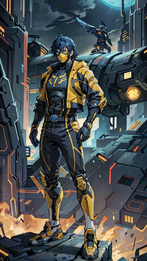 A man with blue hair tied in a ponytail, his face concealed by a falcon concept mask, full mask, stands tall and imposing, a futuristic sci-fi style short jacket, a dark bodysuit, matching trousers, a belt cinched at the waist, colorful gloves, he stands a...