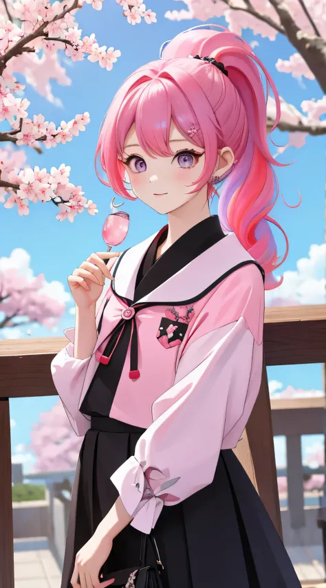 Cherry blossom scenery　A cute girl around 7 years old　rainbow colored hair　ponytail　iridescent eyes　